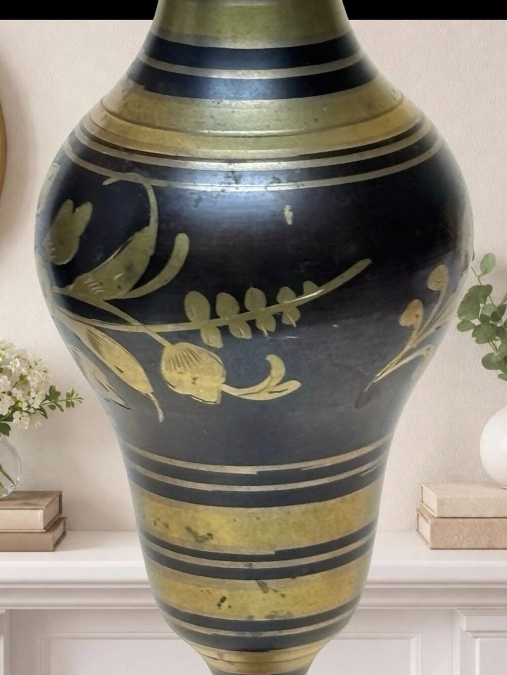 Handmade Black & Gold Floral Brass Vase With Flared Rim & Pedestal Base - Made I - Picture 7 of 8